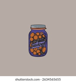 saving money coin in jar glass icon symbol vector design black white color simple flat illustration set. Sketch Drawing Line Linear Symbol Icon Engraving Coloring Book. 
