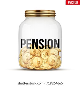 Saving money coin in jar with Pension label. Symbol of keeping money. Vector Illustration isolated on white background.