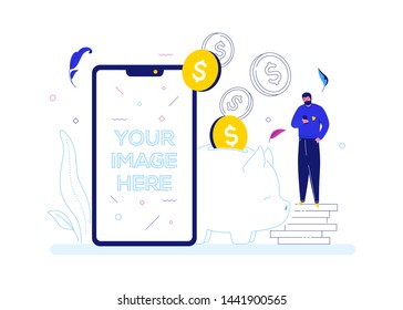 Saving money - colorful flat design style illustration on white background. A composition with a piggy bank, a businessman checking his phone. A smartphone with place for your image on the screen
