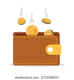 Concepto de ahorro de dinero. Cartera de cuero marrón con monedas de oro que caen en ella. Concepto de ingresos financieros. Ilustración vectorial.