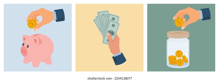 Saving money concept. Business, investment and accumulation money. Hand drawn vector illustration isolated on colored background, flat cartoon style.