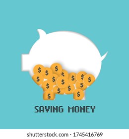 Saving money concept, coin in the piggy, paper cut style.
