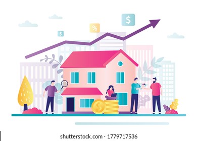 Saving Money Concept. Company Or Investment Fund Invests In Real Estate. Buying Property, Capital Increase. Rental Income, House Loan, Mortgage Debt. Growing Profit Chart. Flat Vector Illustration