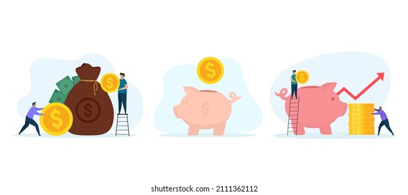 Saving money concept. Deposit money bank. People make savings and collecting coney in account. Set of vector illustrations.