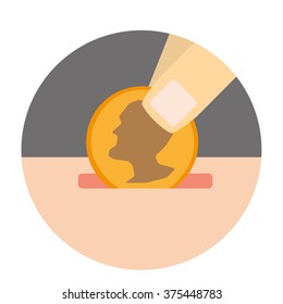 Saving money concept with fingers dropping a gold coin into a piggy bank or box shown in a clipping circle on a white background