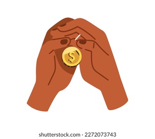 Saving money concept. Frugal thrifty hands holding, keeping dollar coin in palms. Financial economical concept. Finance, economy, frugality. Flat vector illustration isolated on white background.