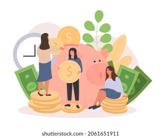 El concepto de ahorro de dinero. Chicas montadas en monedas, novias coleccionan dólares. Metáfora de la valoración literada, alfabetización financiera, inundaciones científicas, pocilga, crecimiento. Dibujo vectorial plano de dibujos animados