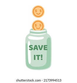 Saving money concept. Gold coins fall down into glass jar. Keep and accumulate cash. Icon for investment, finance, bank deposit. Simple cartoon vector illustration.
