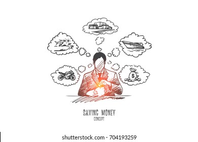 Saving money concept. Hand drawn saving money for vacation, retirement in piggy bank. Person put coin in money box isolated vector illustration.