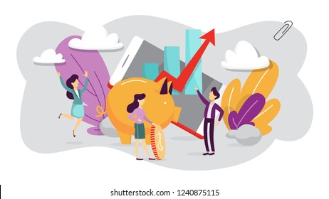 Saving money concept. Happy little people putting their coins into the giant piggy bank. Idea of investment. Flat vector illustration