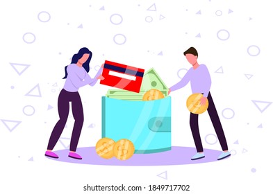 Saving money concept. Happy little people putting their coins. Put Money in Wallet. Cute cartoon flat illustration