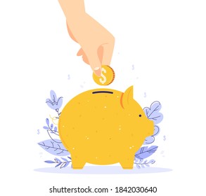 Saving money concept. Human hand put money in a piggy bank. Isolated vector illustration in modern flat style
