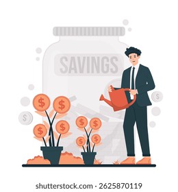 Ilustración del concepto de ahorro de dinero con Elementos de planificación de la jubilación, banca y crecimiento financiero