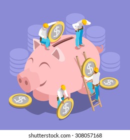 Saving Money Concept Interacting People Unique Isometric Realistic Poses 3D Flat Vector Illustration Hard Hat Mini People Set Put Coins Piggy Bank 