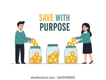 Concepto de ahorro de dinero: frascos con monedas y personas