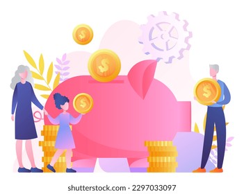 Saving money concept. Man and woman with daughter holding gold coins near piggy bank. Financial literacy and budgeting, accounting. Family savings and investments. Cartoon flat vector illustration