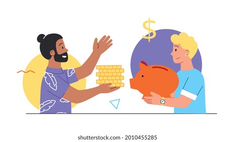 Saving Money Concept. Men Put Coins In A Large Piggy Bank. Person Saving Money, Getting Profit Or High Income. Financial Crisis. Cartoon Doodle Flat Vector Illustration Isolated On A White Background