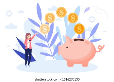 Saving money concept, piggy bank with coins, girl holding coin. Flat vector illustration isolated on white background. Can use for web banner, infographics, web page.