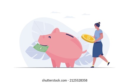 Saving money concept. piggy bank with coins, girl holding coin. vector illustration