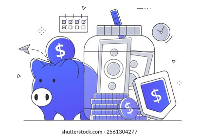 Saving money concept with piggy bank, glass jar, banknotes and coins. Financial literacy, passive income. economy and budgeting metaphor. Linear flat vector illustration on white background