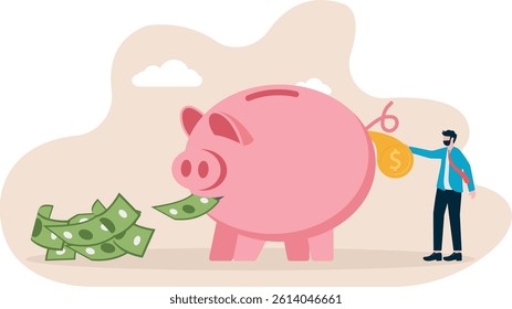 Saving money concept. piggy bank with coins, man holding coin. vector illustration

