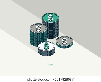 Saving money concept poster, vector icon type illustration of a coin stack, economy and savings, income and revenue, cash money growth.
