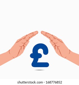 saving money concept or pound currency symbol under hand vector