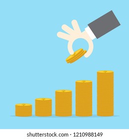 Saving money concept preset by Male hand putting money coin stack growing business