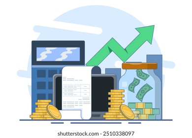 Saving money concept, Savings account, Piggy bank, money brain with falling gold coins. Bank account and cash vector business concept. Flat line vector illustration isolated on background,