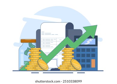 Economia conceito de dinheiro, conta de poupança, Piggy bank, cérebro de dinheiro com moedas de ouro caindo. Conceito de conta bancária e de negócio do vetor de caixa. Ilustração de vetor de linha plana isolada no plano de fundo,