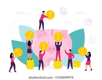 El concepto de ahorro de dinero. Personajes pequeños alrededor de un gran banco de cerdos con monedas de oro. Diseño de vectores planos para negocios, tecnología, finanzas.