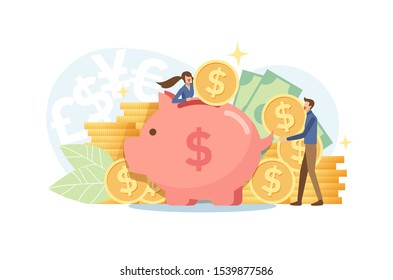 Saving money concept. Vector illustration flat design style. Couple putting coin into piggy bank together on money currency background. 