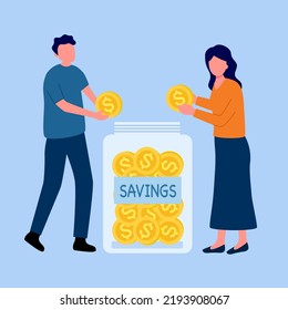 Ahorro de la ilustración vectorial del concepto de dinero. Hombre y mujer metiendo monedas en frascos de vidrio en diseño plano.