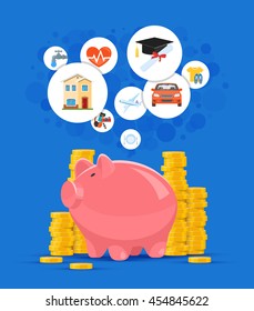 Saving money concept vector illustration. Pink piggy bank with golden coin piles on background.