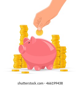 Saving money concept vector illustration. Pink piggy bank with golden coin piles on background. Human hand put money in a piggy bank.