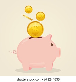 Saving money concept vector illustration. Piggy bank and coins isolated on background