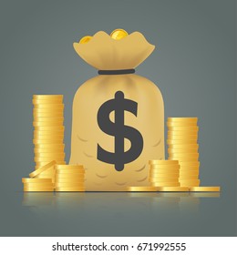 Saving money concept vector illustration. money bag with stacks of golden coins 