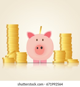 Saving money concept vector illustration. piggy bank with golden coin isolated background.