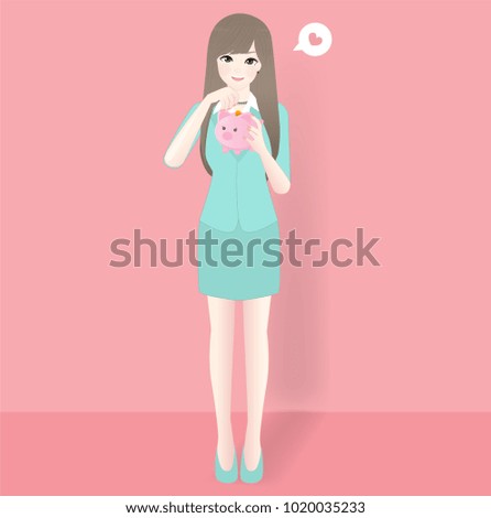 Saving money concept with a woman insert coins in a piggy bank. Character design vector illustration.