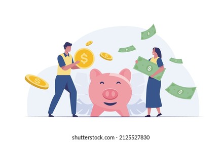 Saving money concept. Young family investing money for future flat vector illustration.