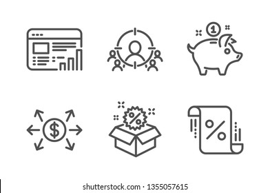 Saving money, Dollar exchange and Web report icons simple set. Business targeting, Sale and Loan percent signs. Piggy bank, Payment. Finance set. Line saving money icon. Editable stroke. Vector