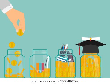 Saving money for education concept, Vector illustration EPS10 of Business woman putting gold coin money into the glass bottle with money growing step and graduates hat on green background,Finance
