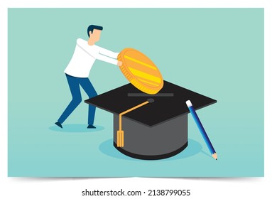 Saving money for education, put gold coin in graduation cap, parent investing money into child education fund, Vector illustration design concept in postcard template