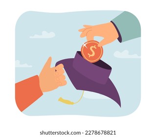 Saving money for education vector illustration. Hand putting coin in graduation cap, donating to student. Rising tuition fees at universities, reducing importance of education concept