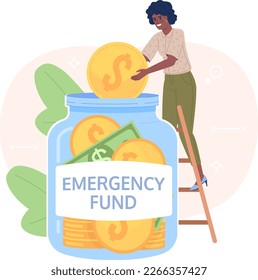 Saving money for emergency fund flat concept vector spot illustration. Editable 2D cartoon character on white for web design. Financial security creative idea for website, mobile. Oxygen font used