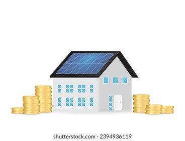 Saving Money and Energy with Solar Panel on the Roof of House. Solar Energy and Renewable Energy Sources. Clean and Green Energy. Vector Illustration.