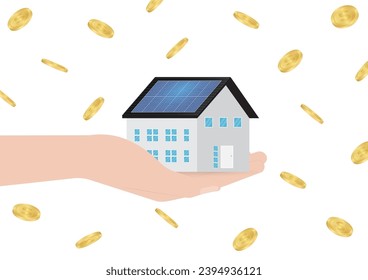 Saving Money and Energy with Solar Panel on the Roof of House. Solar Energy and Renewable Energy Sources. Clean and Green Energy. Vector Illustration.