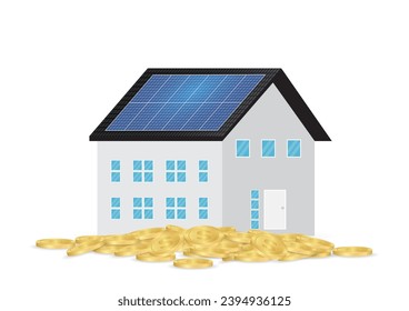 Saving Money and Energy with Solar Panel on the Roof of House. Solar Energy and Renewable Energy Sources. Clean and Green Energy. Vector Illustration.