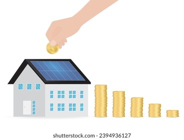 Ahorro de dinero y energía con panel solar en el techo de la casa. Energía solar y fuentes de energía renovable. Energía limpia y verde. Ilustración vectorial.
