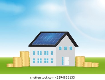 Ahorro de dinero y energía con panel solar en el techo de la casa. Energía solar y fuentes de energía renovable. Energía limpia y verde. Ilustración vectorial.